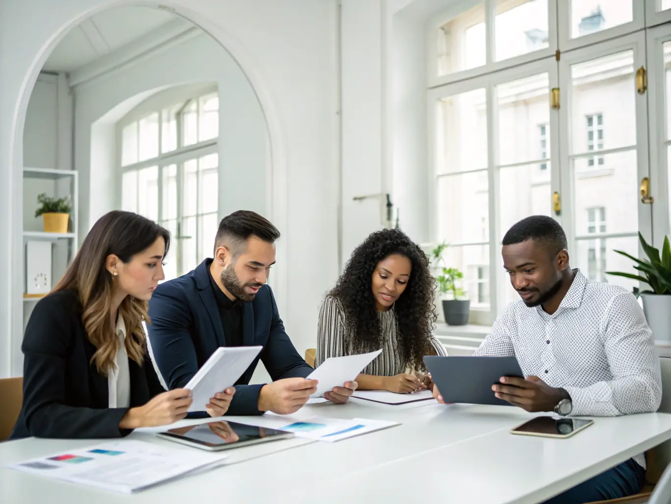 An image showing a diverse team analyzing financial data on laptops and tablets, illustrating Centtripp's collaborative approach to financial management.