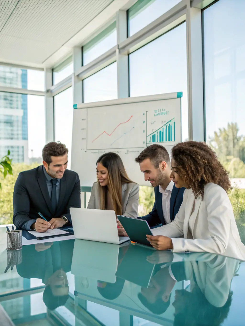 A diverse team collaborating on financial strategies in a modern office, symbolizing Centtripp's expert consulting services.