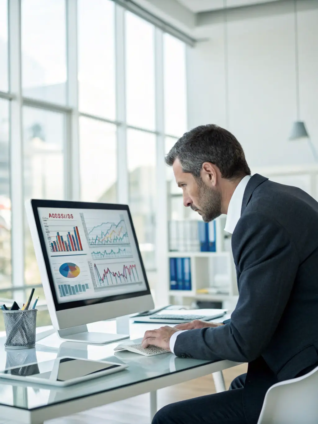 A professional businessman analyzing financial data on a computer screen, showcasing Centtripp's data analytics solution.