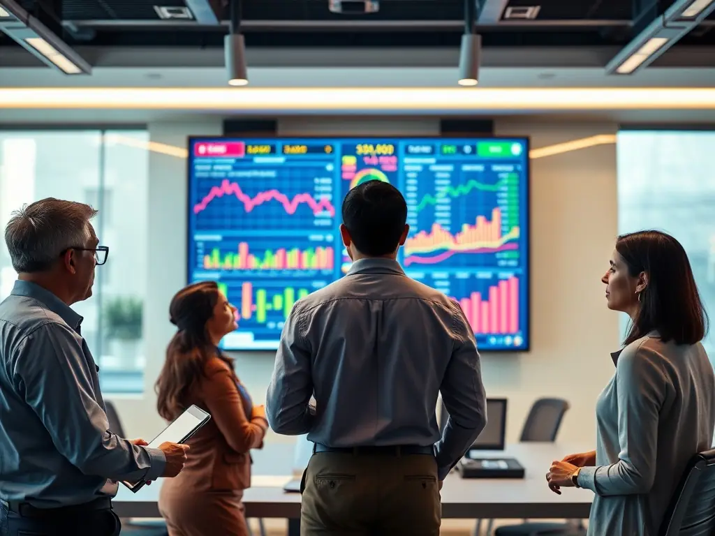 A diverse team of financial analysts collaborating on a project using Centtripp's analytics dashboard, highlighting the platform's collaborative features.