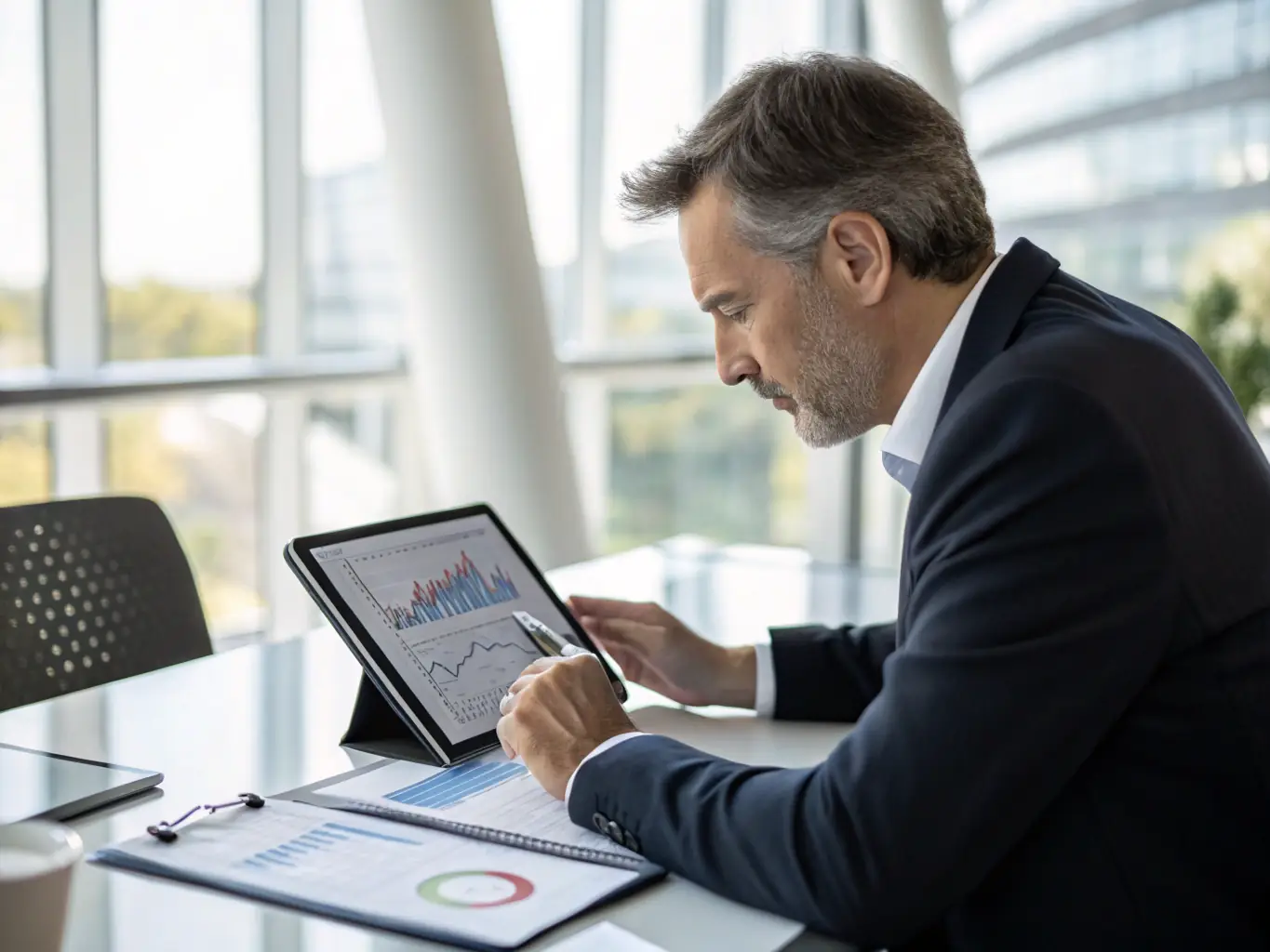 A professional businessman is reviewing financial reports on a tablet in a modern office setting, showcasing Centtripp's financial management platform.